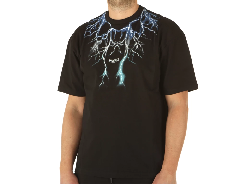  Black T-Shirt With Blue Grey Lightblue Lightning - T-Shirt uomo Phobia Archive. Disponibile in diverse taglie: l e colori nero,