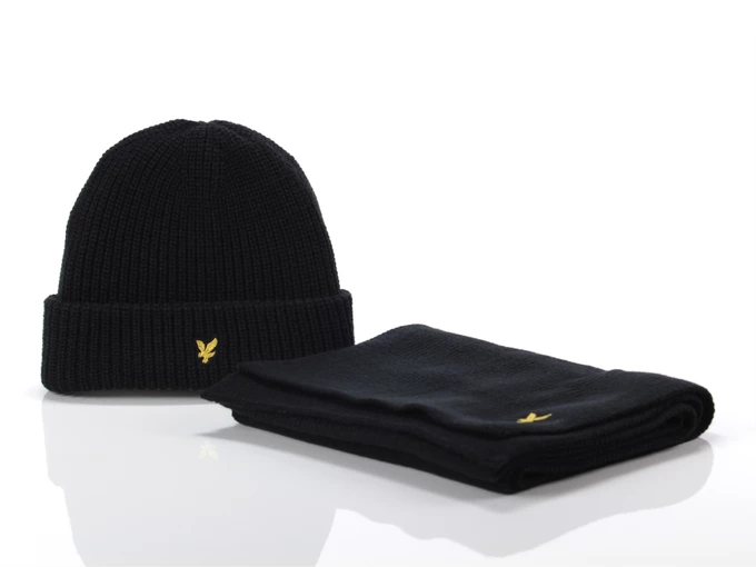 Lyle & Scott Lambswool Ribbed Beanie and Scarf set Jet Black unisex GF2100A