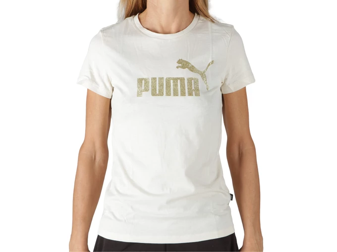  ESS+ Glitter logo Tee - T-Shirt donna Puma. Disponibile in diverse taglie: m, s, xs e colori bianco, oro. YOUSPORTY.