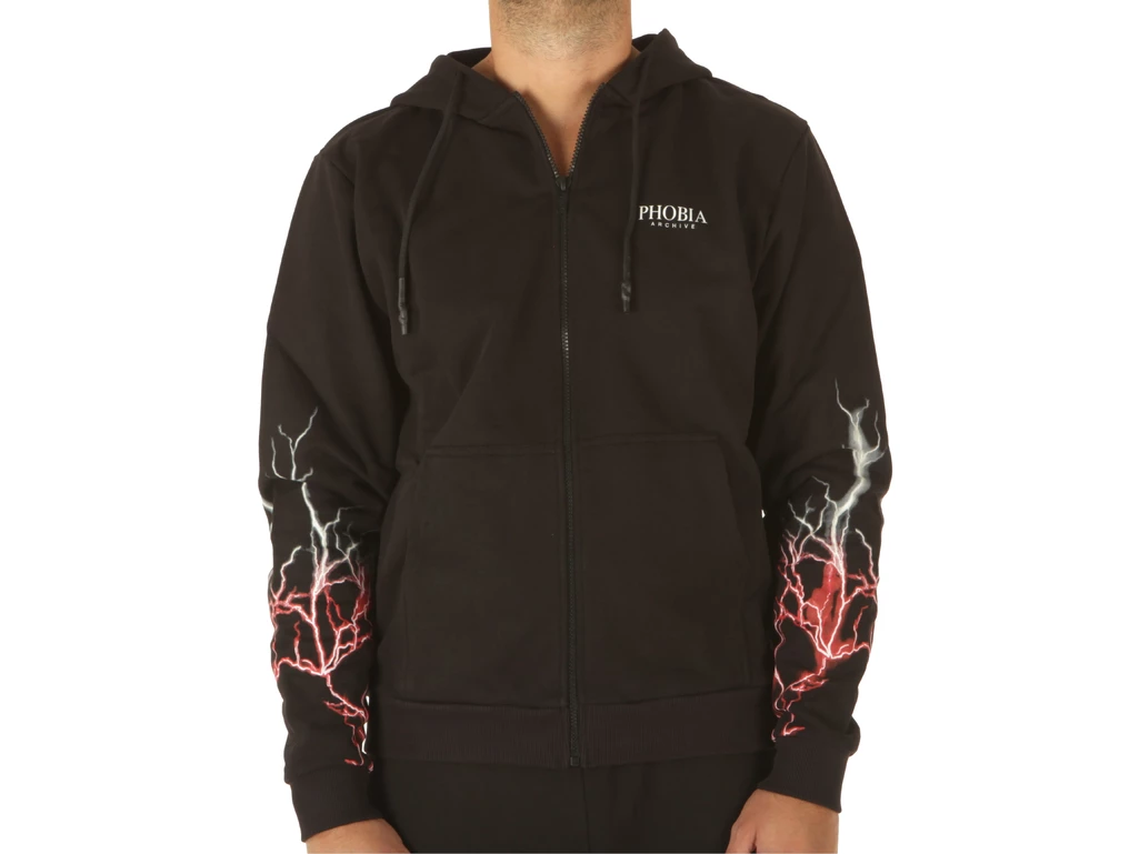 Phobia Archive Black Zip Hoodie With Red And Gret Light On Sleeves homme