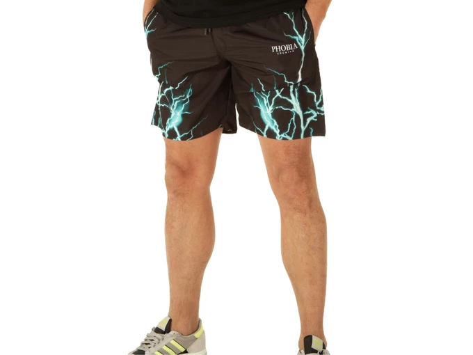  Black Swimwear With Lightblue Lightning - Costumi uomo Phobia Archive. Disponibile in diverse taglie: xl e colori nero, azzurro