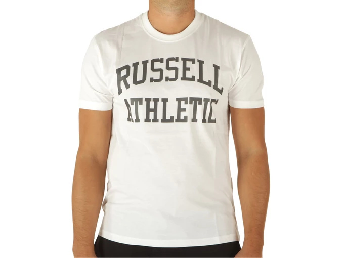  Iconic Crewneck Tee-Shirt - T-Shirt uomo Russell Athletic. Disponibile in diverse taglie: m e colori grigio, bianco. YOUSPORTY.