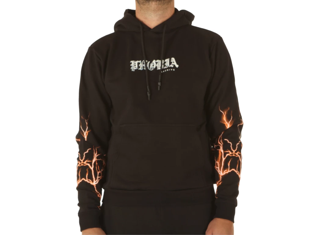  Black Hoodie With Orange Lightning On Sleeves - Felpe uomo Phobia Archive. Disponibile in diverse taglie: m, xl e colori bianco
