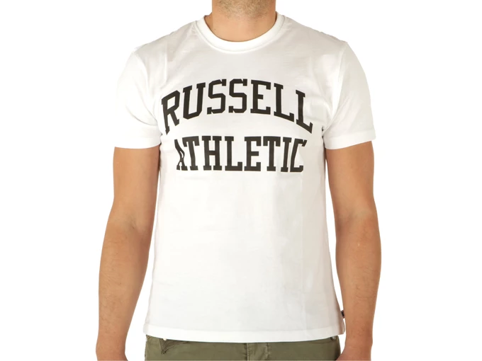  Iconic SS Crewneck Tee Shirt - T-Shirt uomo Russell Athletic. Disponibile in diverse taglie: l, m, s, xl e colori bianco, nero.