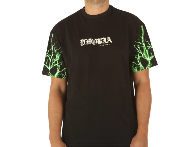 Phobia Archive Black T-Shirt With Green Lightning On Sleeves man PH00002GR