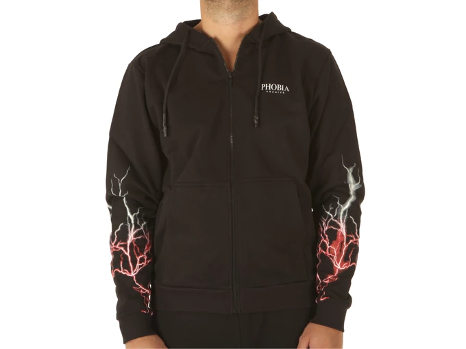 Phobia Archive Black Zip Hoodie With Red And Gret Light On Sleeves man