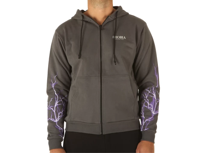 Phobia Archive Grey Zip Hoodie With Purple Lightning On Sleeves man PH00027PU