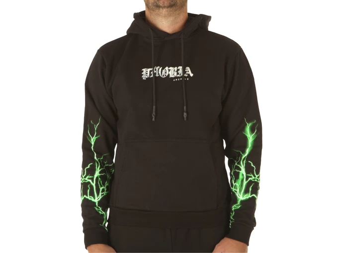 Phobia Archive Black Hoodie With Green Lightning On Sleeves man PH00073GR
